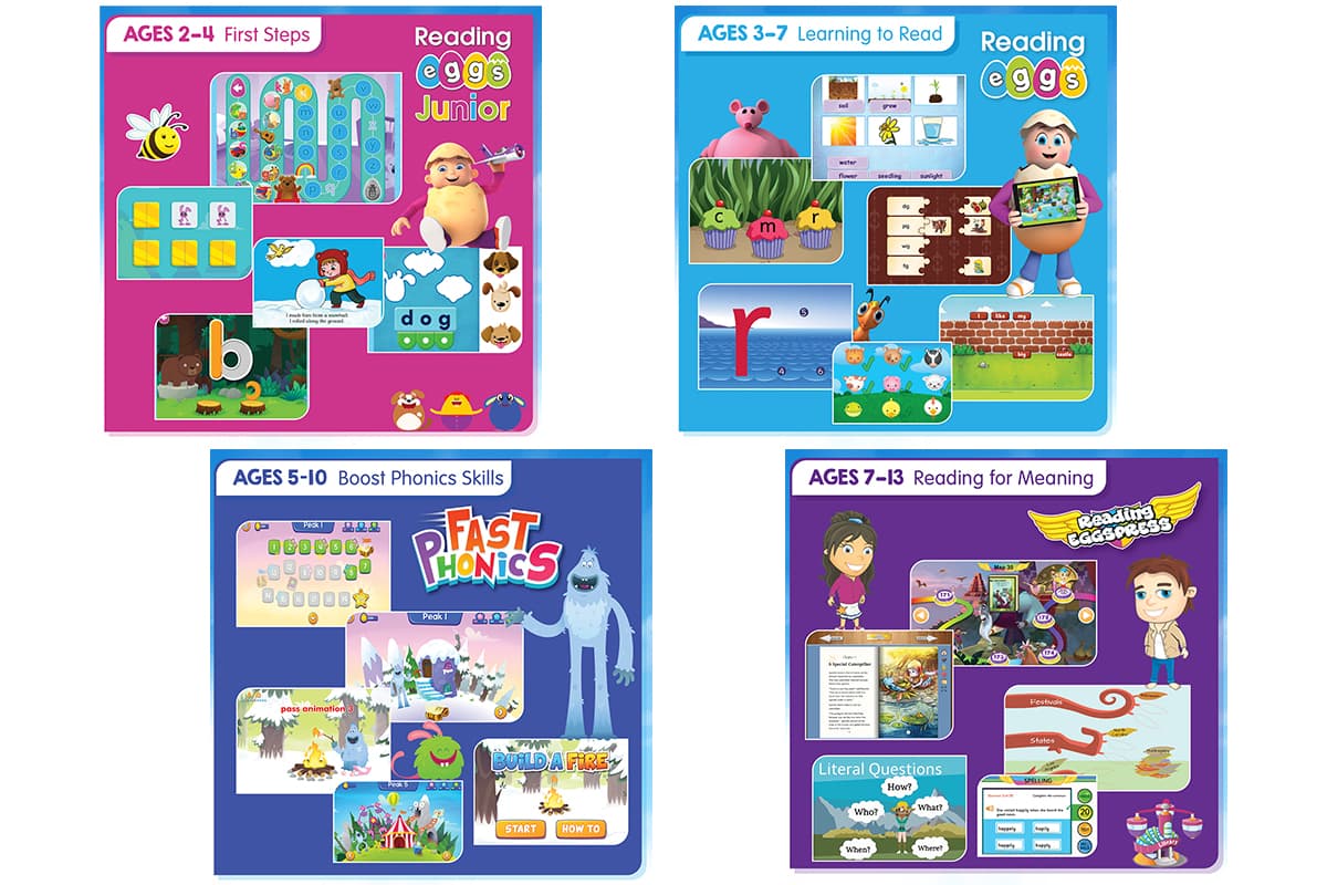 the Reading Eggs suite of programs for ages 2–13 teach phonological awareness through to phonics, reading fluency and advanced comprehension skills