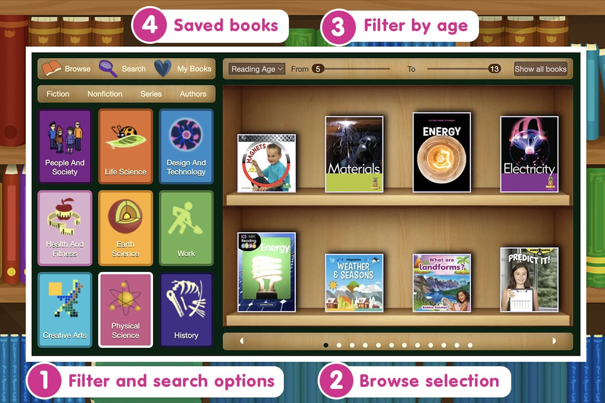Screenshot of the Reading Eggs Library with a bookshelf of children's nonfiction books