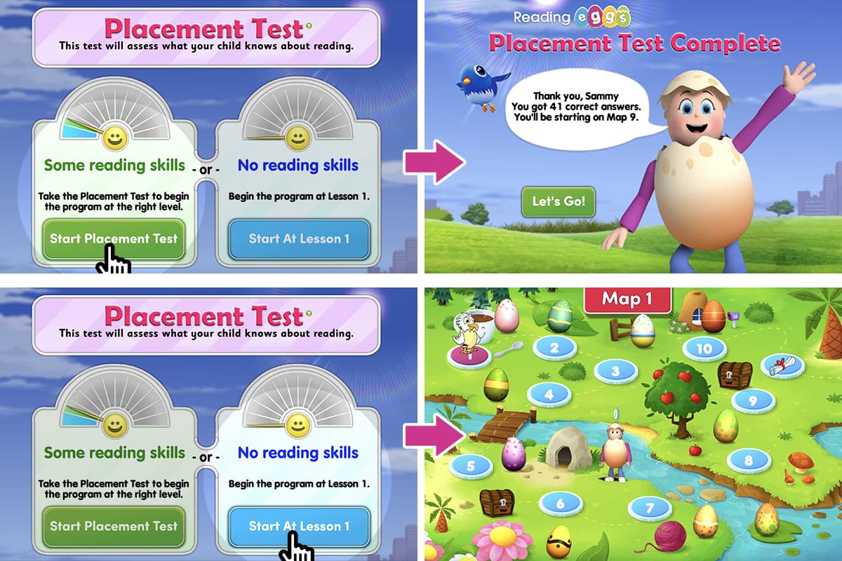 Screenshots of the Reading Eggs Placement Test and personalised learning program